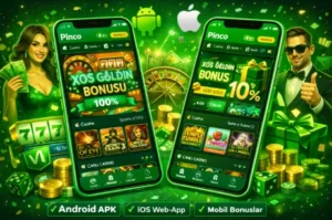 Pinco mobil kazino tətbiqi yaşıl dizaynda, Android APK və iOS web app bonus ekranı